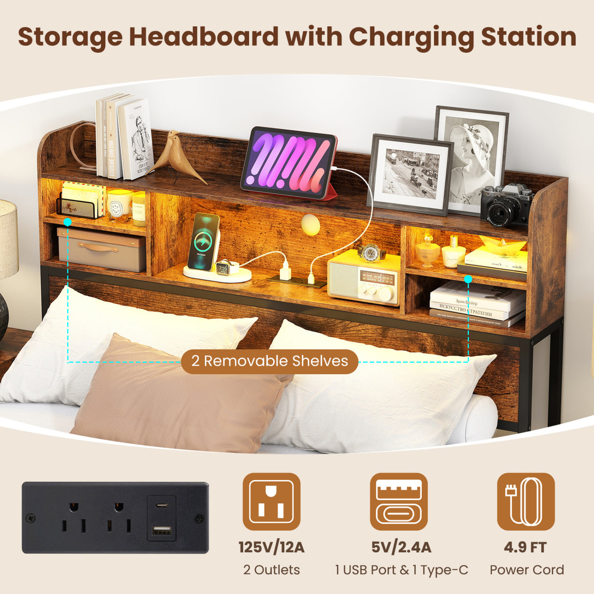 Full Size Bed Frame with Headboard LED Lights and Charging Station-Rustic Brown view 6