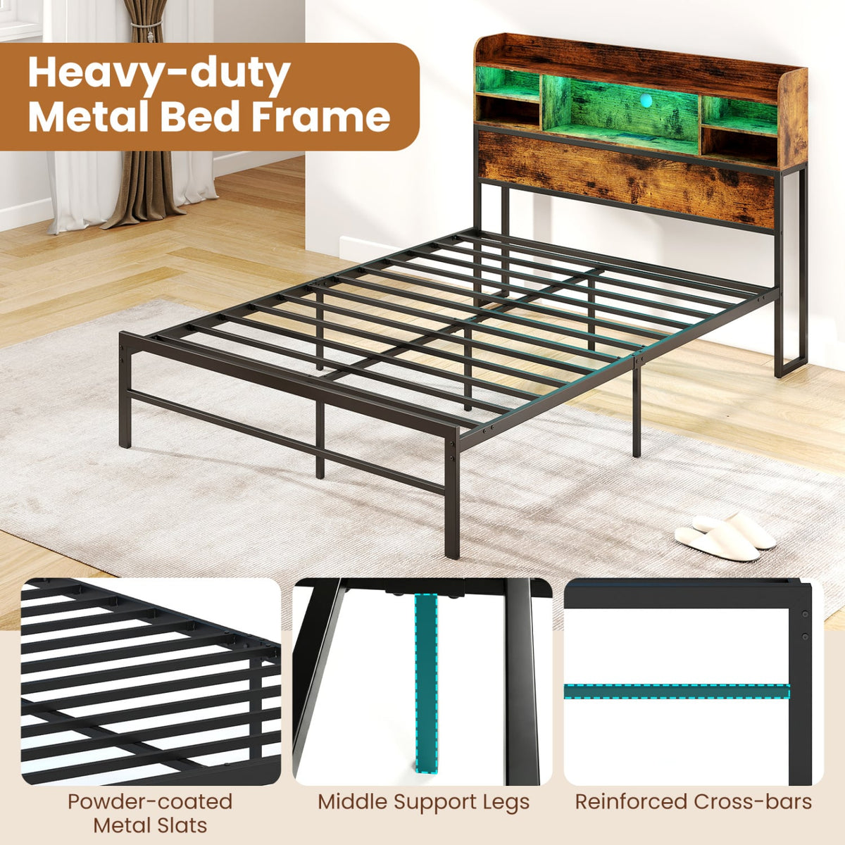 Full Size Bed Frame with Headboard LED Lights and Charging Station-Rustic Brown view 7