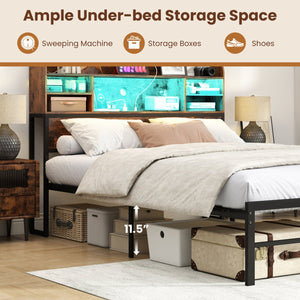 Full Size Bed Frame with Headboard LED Lights and Charging Station-Rustic Brown view 8