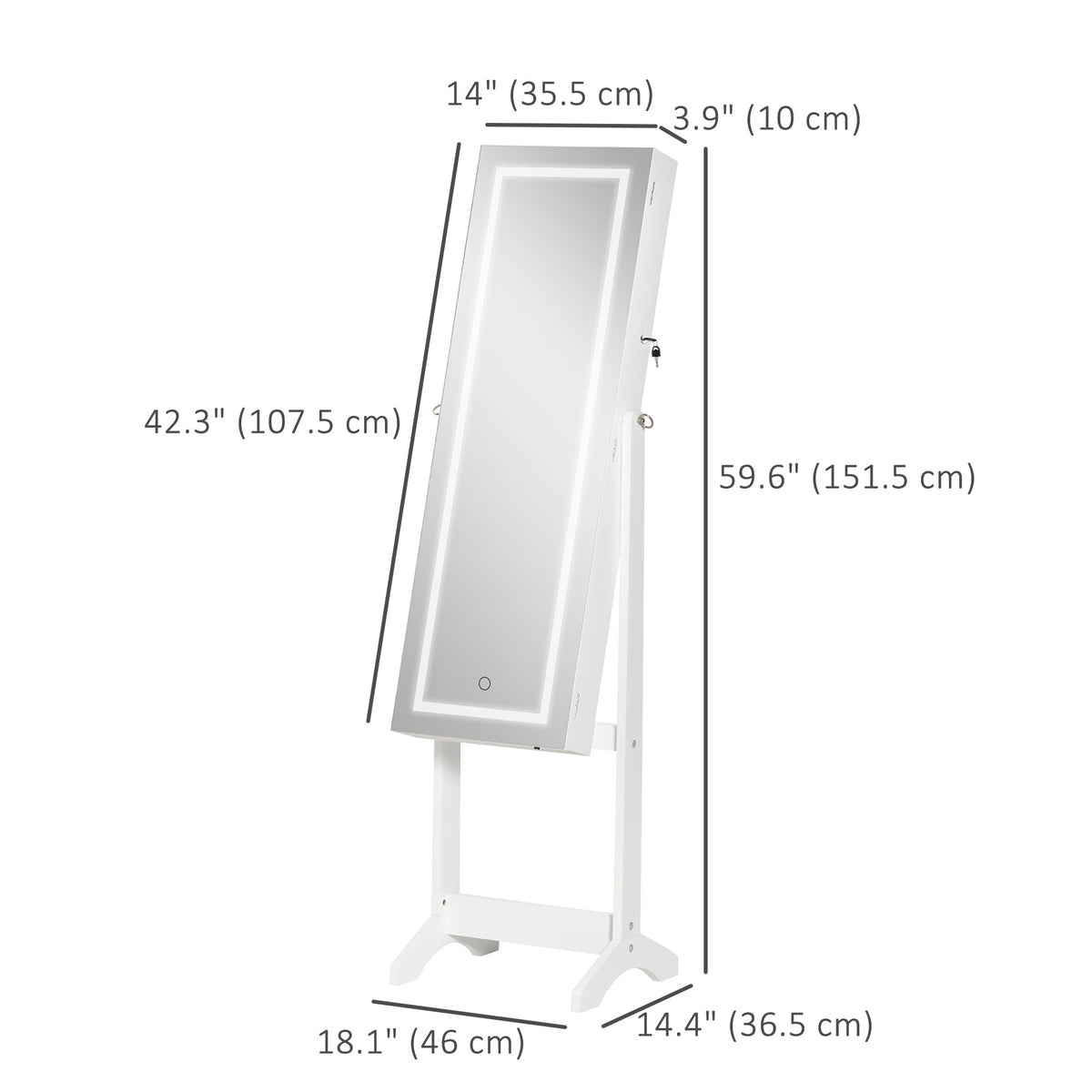 Lockable Jewelry Armoire with LED Light, Standing Mirror with Storage for Bedroom Dressing Room, White