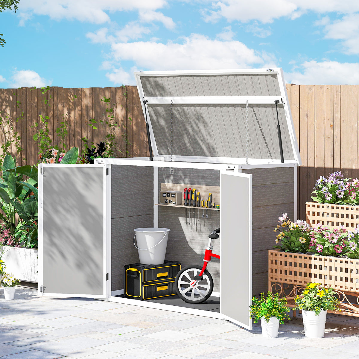 41 Cu. Ft. Outdoor Storage Shed, Outdoor Horizontal Trash Can Storage with Chain Lid, Lockable Storage Box – view 10