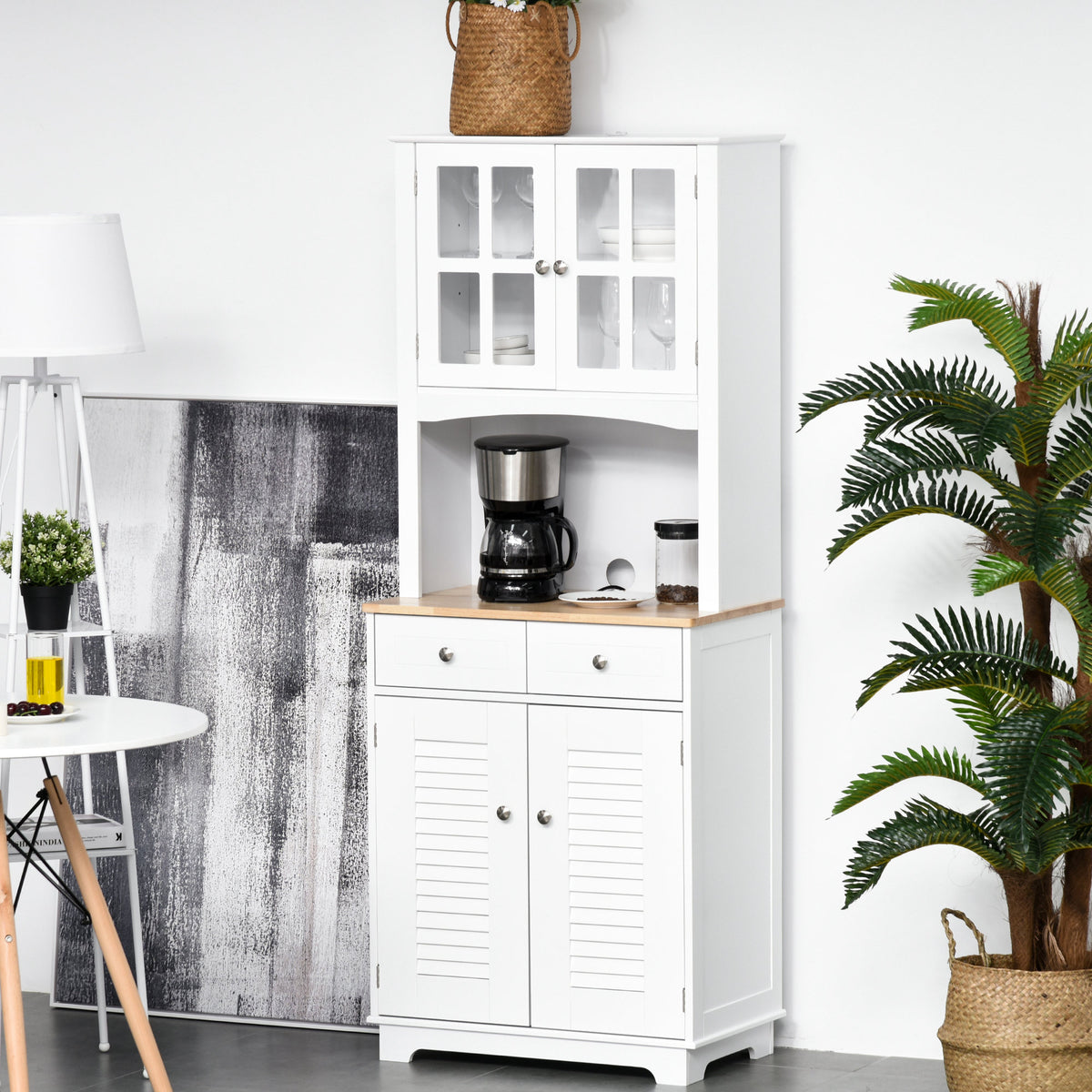 Coastal Style Kitchen Buffet and Hutch Wooden Storage Cupboard with Framed Glass Door LouveredCabinet  Drawers Microwave Space for Dining Room  Living Room  White