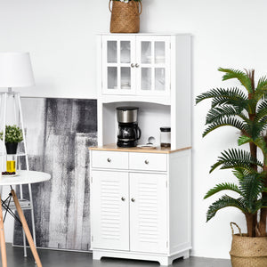 Coastal Style Kitchen Buffet and Hutch Wooden Storage Cupboard with Framed Glass Door LouveredCabinet  Drawers Microwave Space for Dining Room  Living Room  White