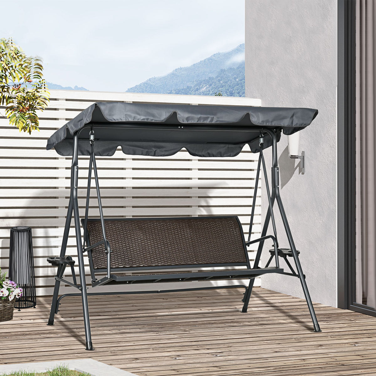 3-Seat Patio Swing Chair, Outdoor Canopy Swing Glider with Adjustable Shade, Rattan Seat and Steel Frame – view 11