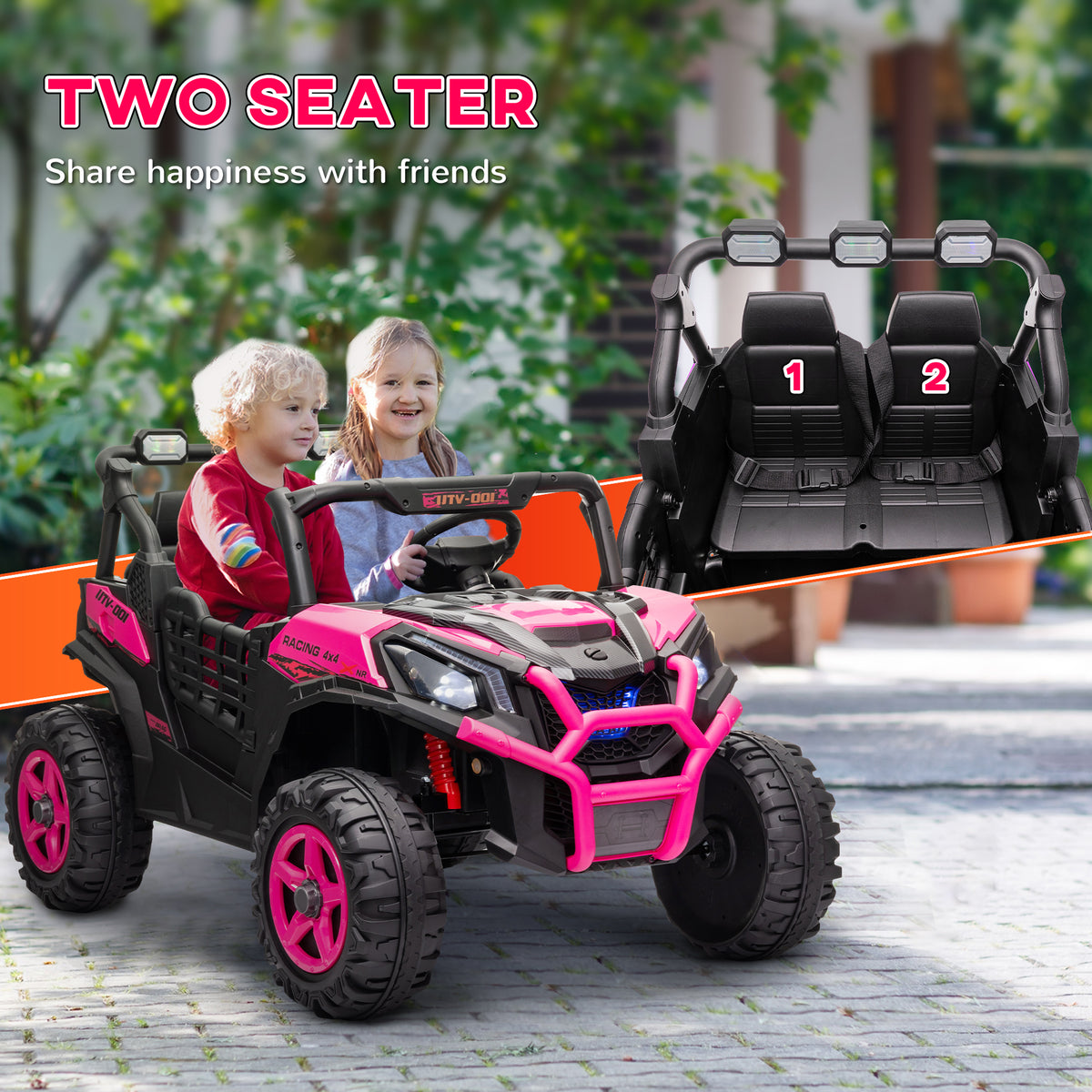 Qaba 2 Seater 24V Electric Car for Kids w/ Remote Control, 3 Speed, LED Lights, Music, Horn, Spring Suspension