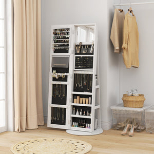 Jewelry Cabinet with Full Length Lockable Mirror, Standing Jewelry Armoire Organizer with LEDs, White