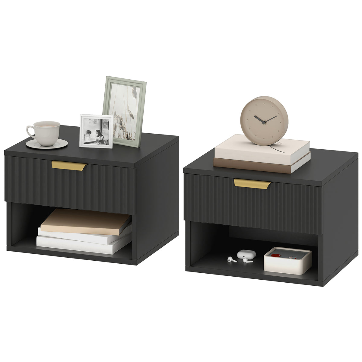 Floating Nightstands, Wall Mounted Bedside Tables Set of 2 with Drawer and Open Shelf, Black