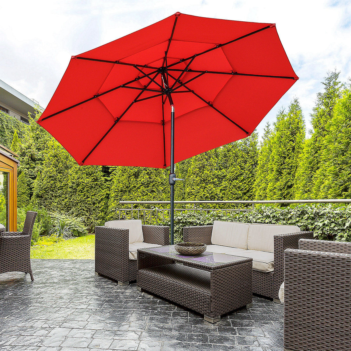 9FT 3 Tiers Patio Umbrella Outdoor Market Umbrella with Crank, Push Button Tilt for Deck – view 21