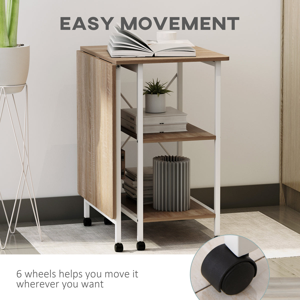 Folding Computer Desk with Storage Shelves, Study Writing Table Laptop Desk with 6 Wheels for Bedroom Home Office Workstation, Natural