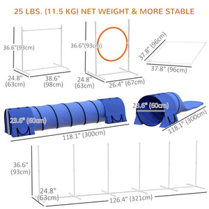 7 Pcs Dog Agility Kit w/ Tunnels, Weave Poles, Adjustable Hurdles, Jump Ring, Pause Box, Whistle, Carry Bag, Blue
