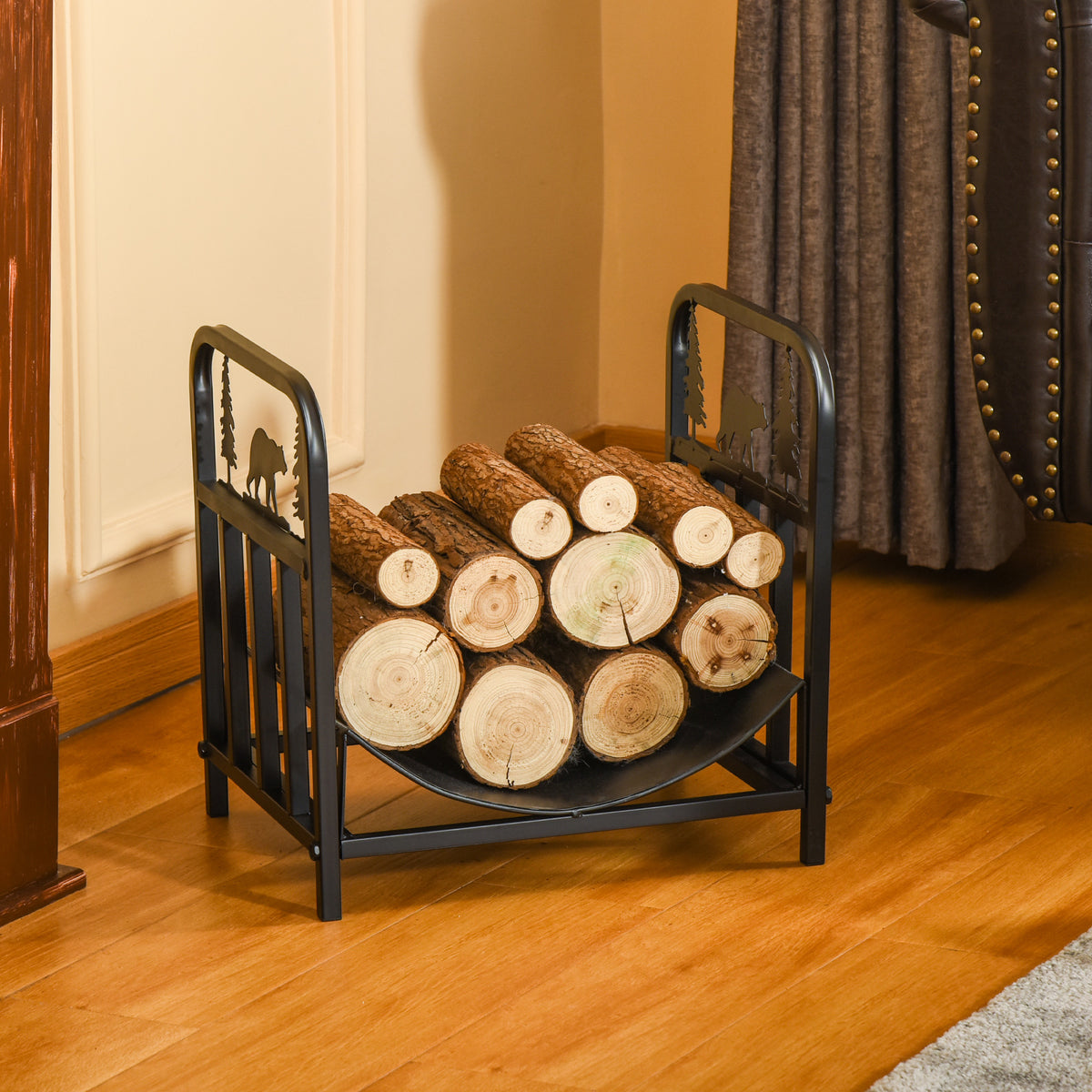 Curved Firewood Rack with Bear and Pine Tree Design, 17 Inch Log Holder Storage Rack with 110 lbs. Capacity, Black