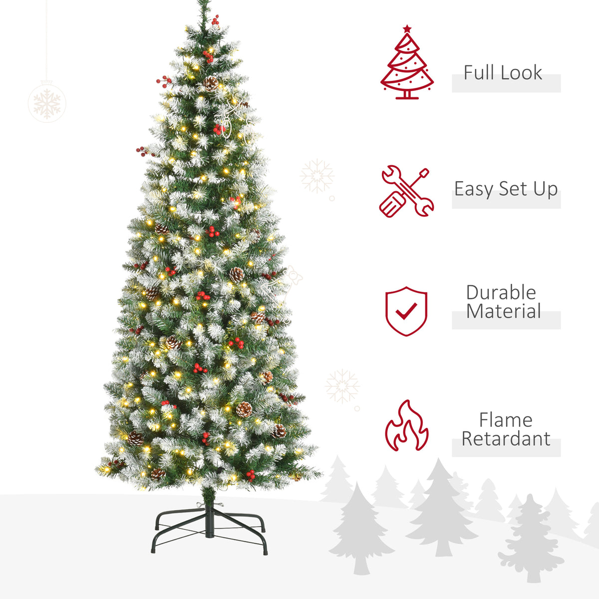 6 ft Snow-Dipped Pencil Christmas Tree Pre-Lit Holiday Decoration with LED Lights Pine Cones Red Berries Green