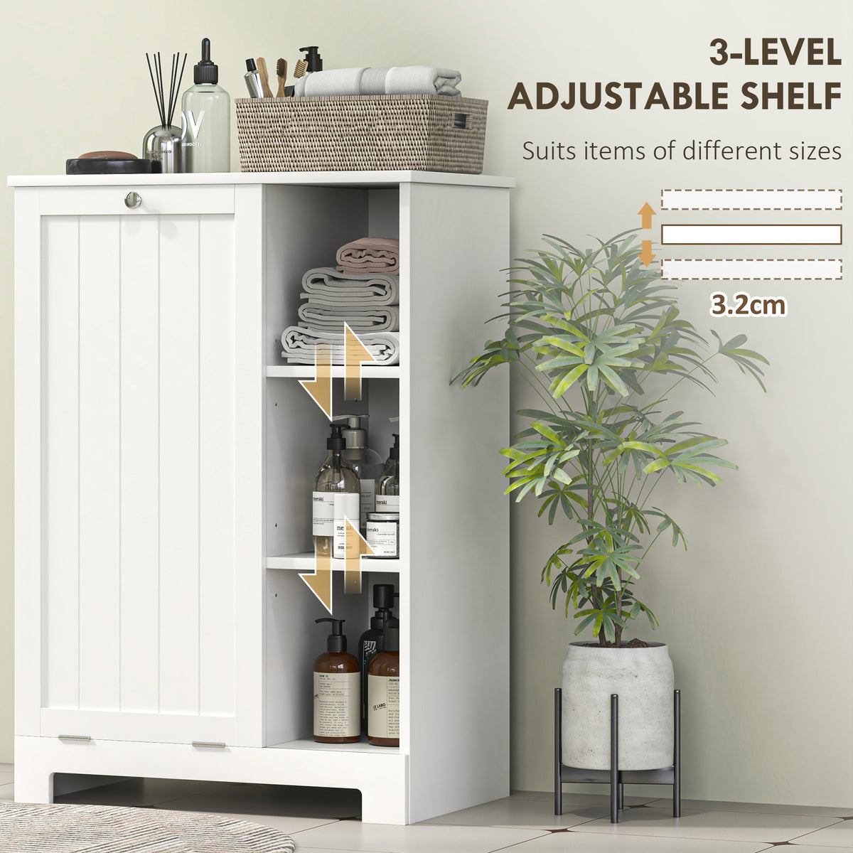Laundry Cabinet with Removable Basket, Tilt Out Laundry Hamper with Adjustable Shelf and Open Compartments, White