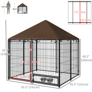 4.6' x 4.6' x 5' Outdoor Dog Kennel with Canopy, Rotating Bowls, Coffee – view 2