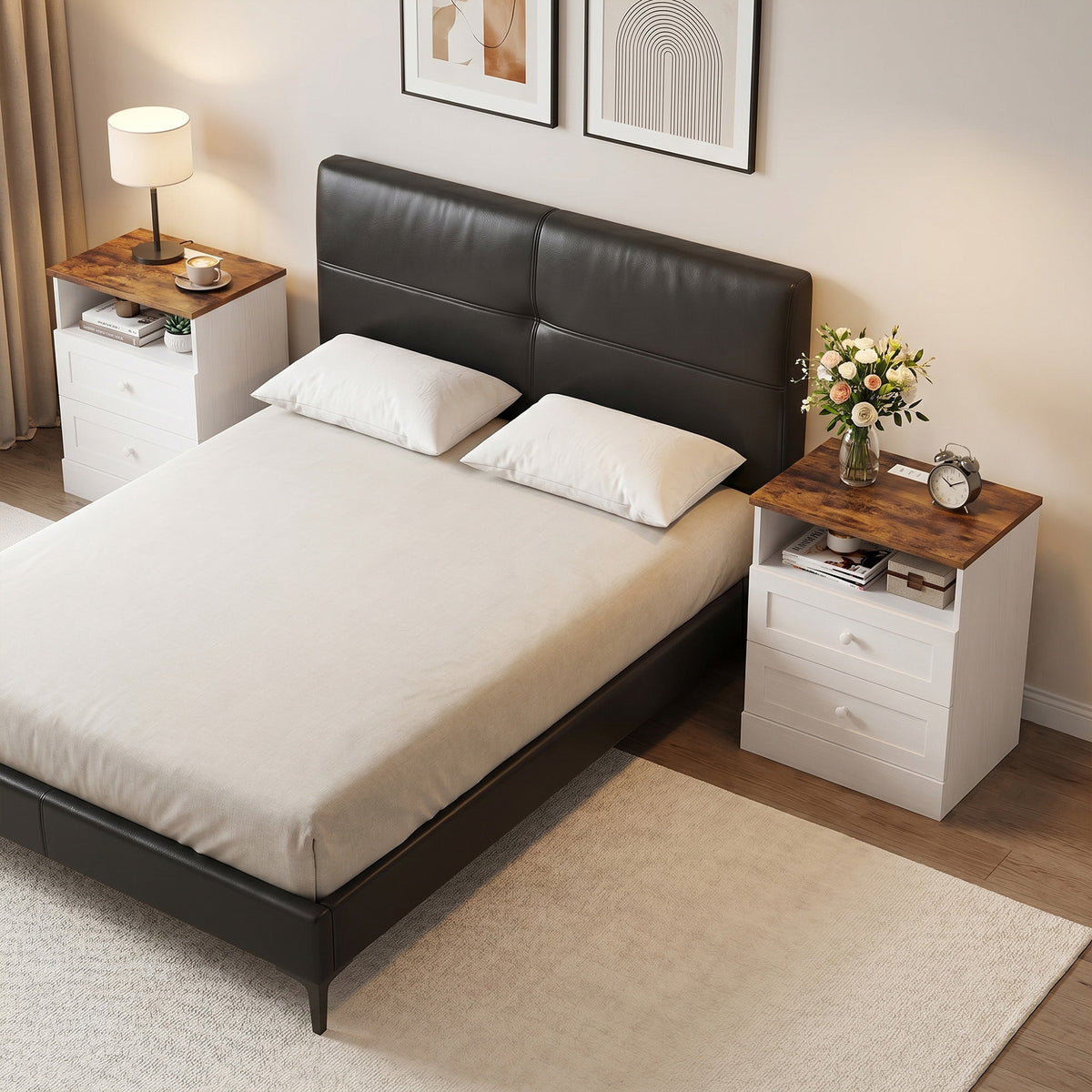 Nightstand with Charging Station 2 Drawers Bedside Table Set of 2 White and Oak