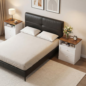 Nightstand with Charging Station 2 Drawers Bedside Table Set of 2 White and Oak