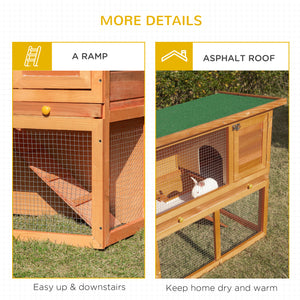 Wooden Rabbit Hutch, Indoor Outdoor Bunny Cage with Run, 2- Level Guinea Pig House with Slide-Out Tray, Waterproof Roof, Yellow