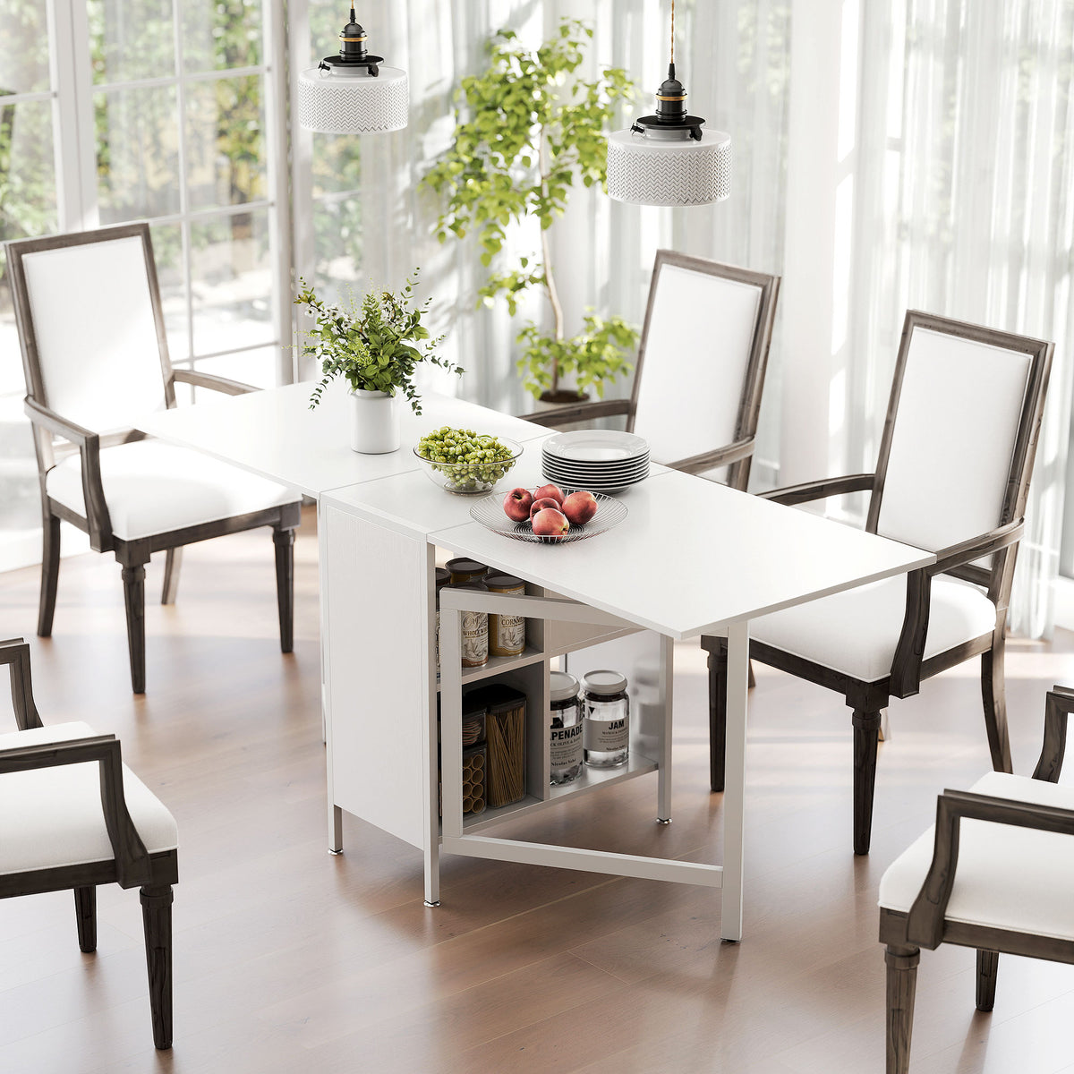 Multi-use Foldable Table with Hideaway Shelves, Drop Leaf Table for Kitchen, Dining, Study and Office, White