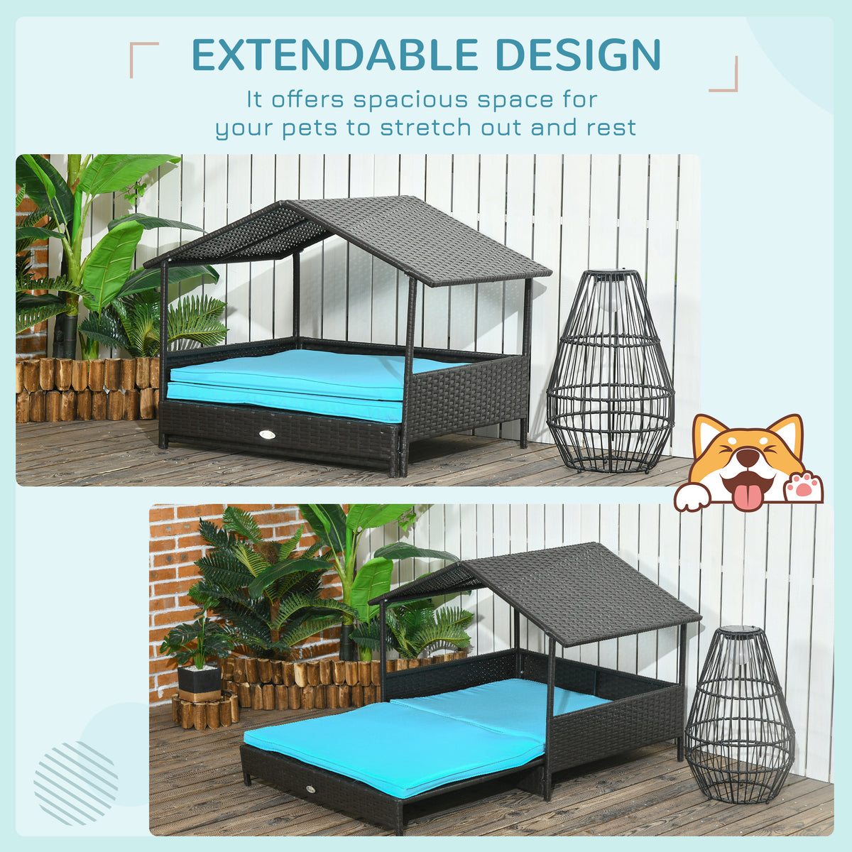 Rattan Dog House with Canopy, Wicker Dog Bed with Water-Resistant Cushion, for Small and Medium Breeds Blue – view 3
