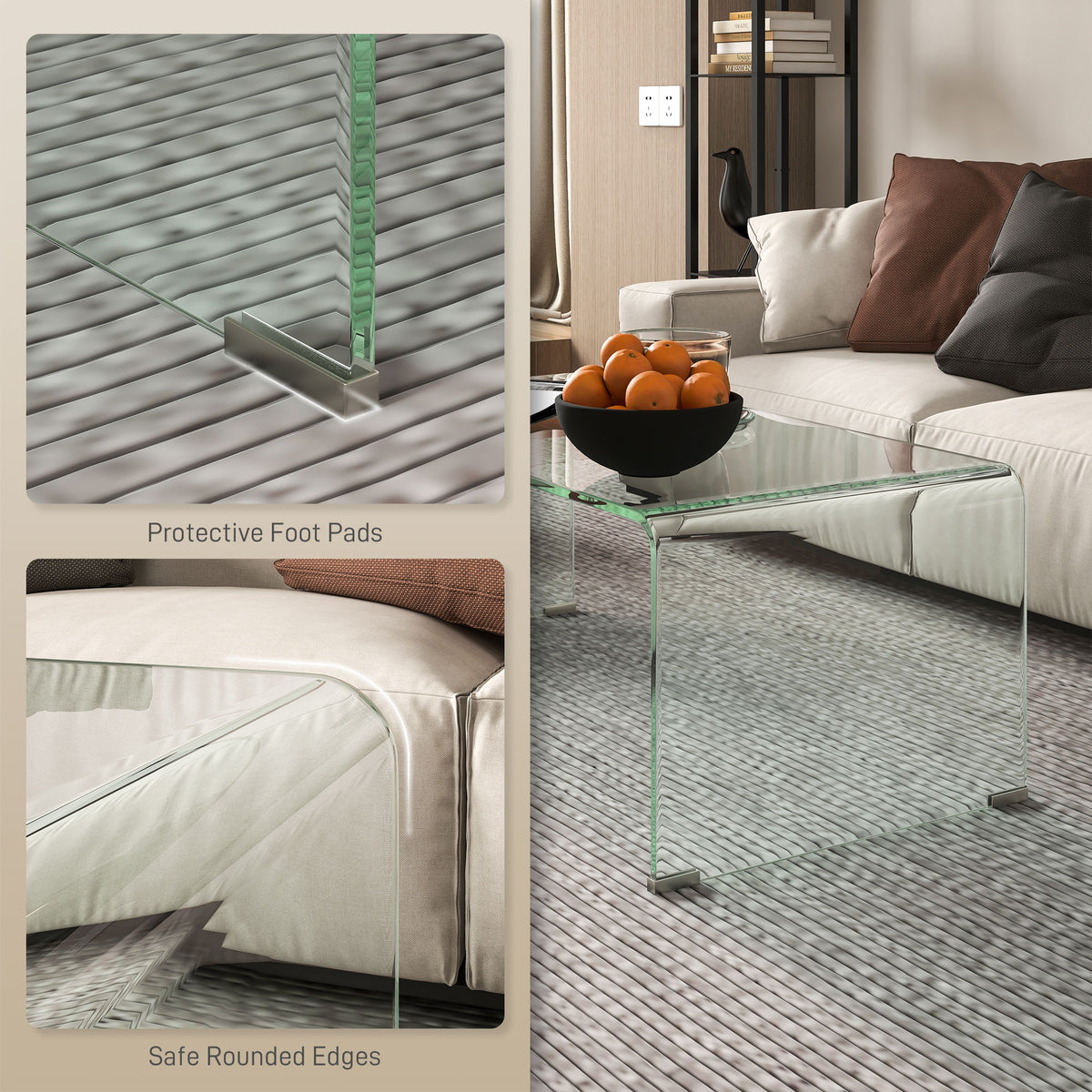 Glass Coffee Table, Clear Coffee Table for Living Room, Modern Rectangle Center Table with Safe Rounded Edges