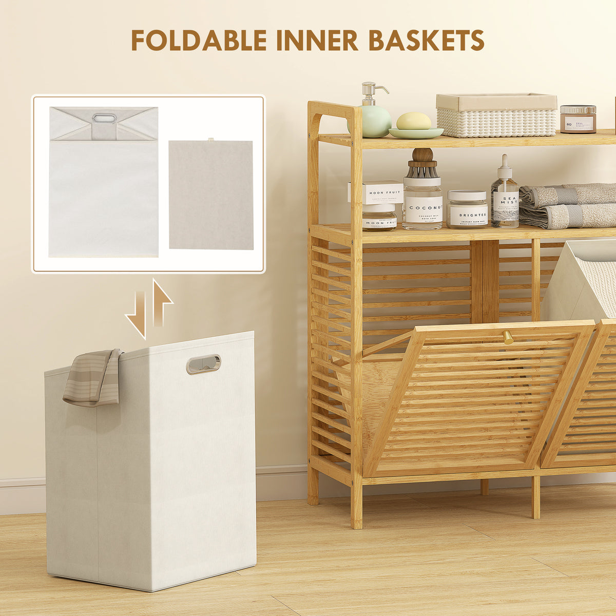 Tilt Out Laundry Hamper, Bamboo Laundry Cabinet with 2 Removable Baskets and 2-Tier Shelves for Laundry Room, Natural
