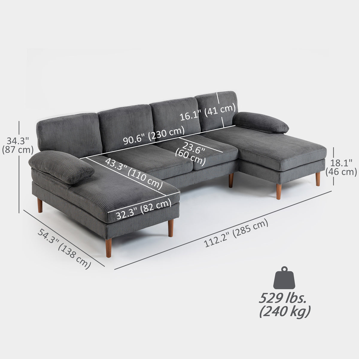 U Shape Couch with Double Chaise Lounge, Modern 4 Seater Sofa with Wooden Legs, Fabric Sofa for Living Room, Dark Grey