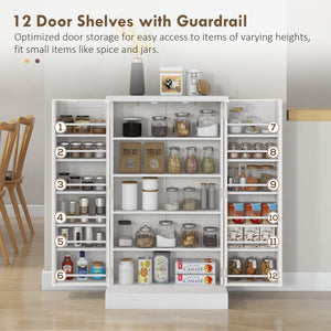 Freestanding Kitchen Pantry Storage Cabinet Kitchen Cabinet with 5-Tier Shelf 12 Spice Racks Adjustable Shelves White