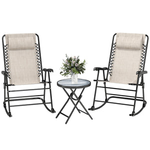 3pc Patio Rocking Chair Set, Folding Outdoor Rocking Chairs and Table Bistro Set w/ Breathable Mesh Seat