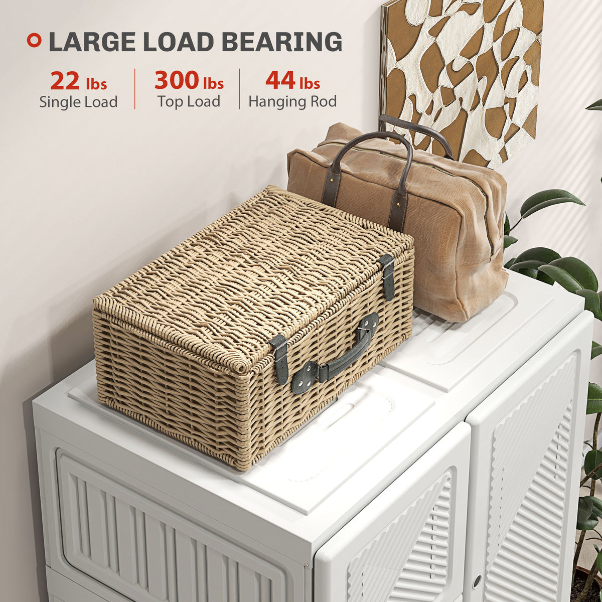 Portable Wardrobe, Foldable Storage Organzier with 5 Compartments, 1 Hanging Rod, Magnet Doors, White