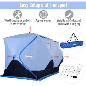5-8 Person Insulated Ice Fishing Tent Shelter with Ventilation Windows and Carry Bag, for -22℉, Blue