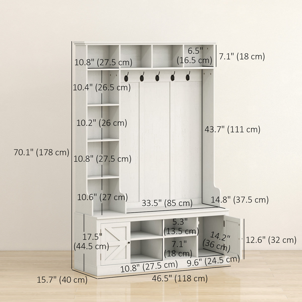 Hall Tree with Bench and Shoe Storage, Entryway Bench with Coat Rack, 12 Shelves, 2 Cabinets, 5 Hooks, White Wood Grain