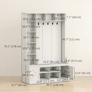 Hall Tree with Bench and Shoe Storage, Entryway Bench with Coat Rack, 12 Shelves, 2 Cabinets, 5 Hooks, White Wood Grain