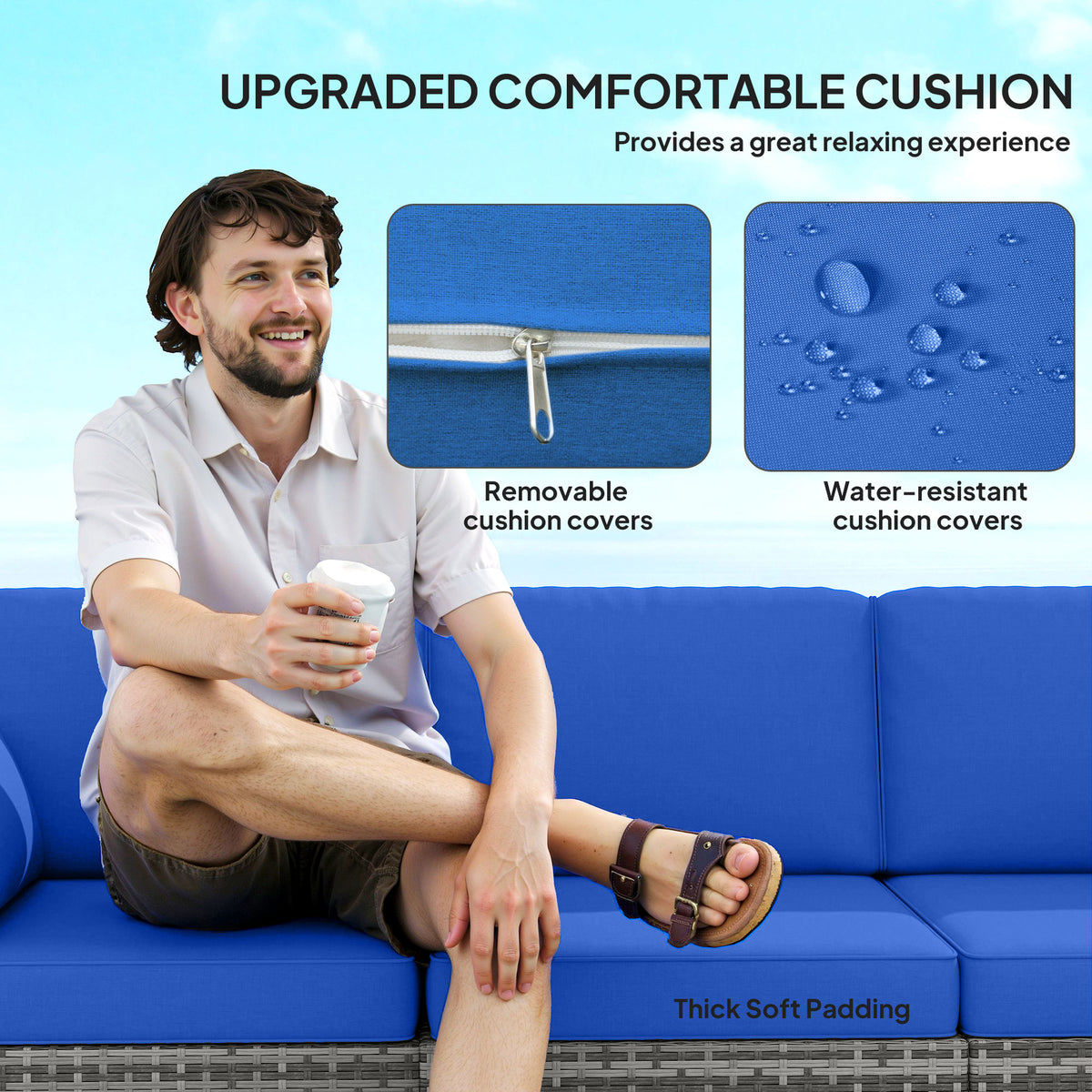 3-Seater Outdoor Sofa with Cushions, PE Rattan Conversation Patio Couch with Pillows for Garden, Poolside, Blue