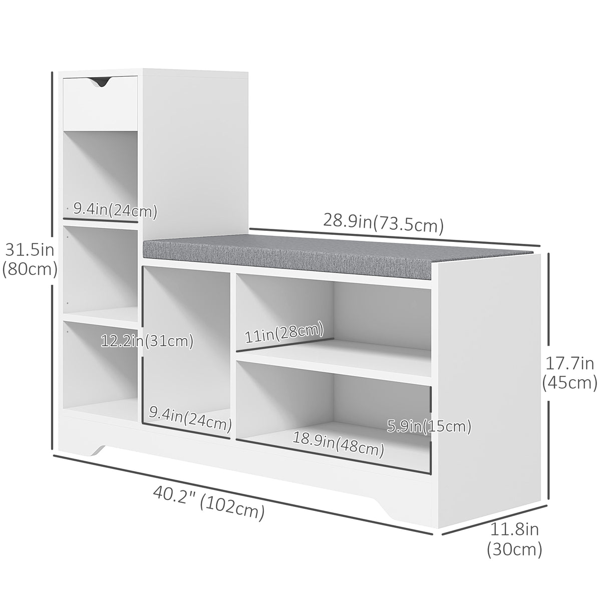 Upholstered Shoe Storage Bench w/ Seat, Entrance Bench w/ Drawer and 6 Open Shelves for Hallway, Grey – view 16
