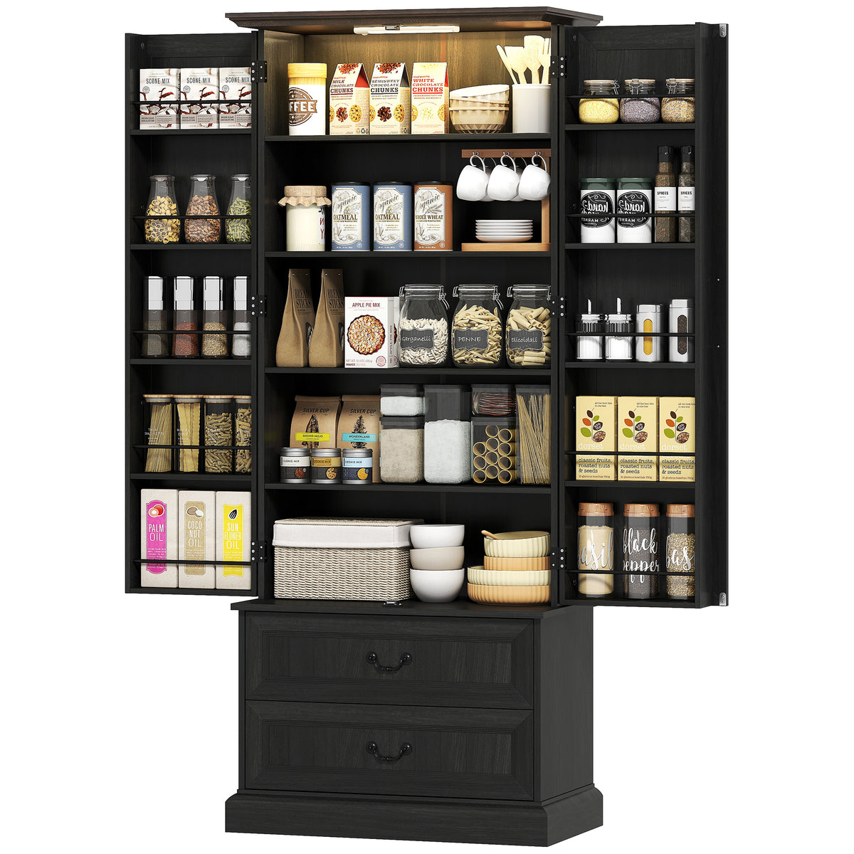 72" LED Kitchen Pantry Cabinet, Buffet Storage Cabinet with 10 Door Shelves