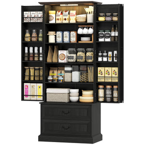 72" LED Kitchen Pantry Cabinet, Buffet Storage Cabinet with 10 Door Shelves