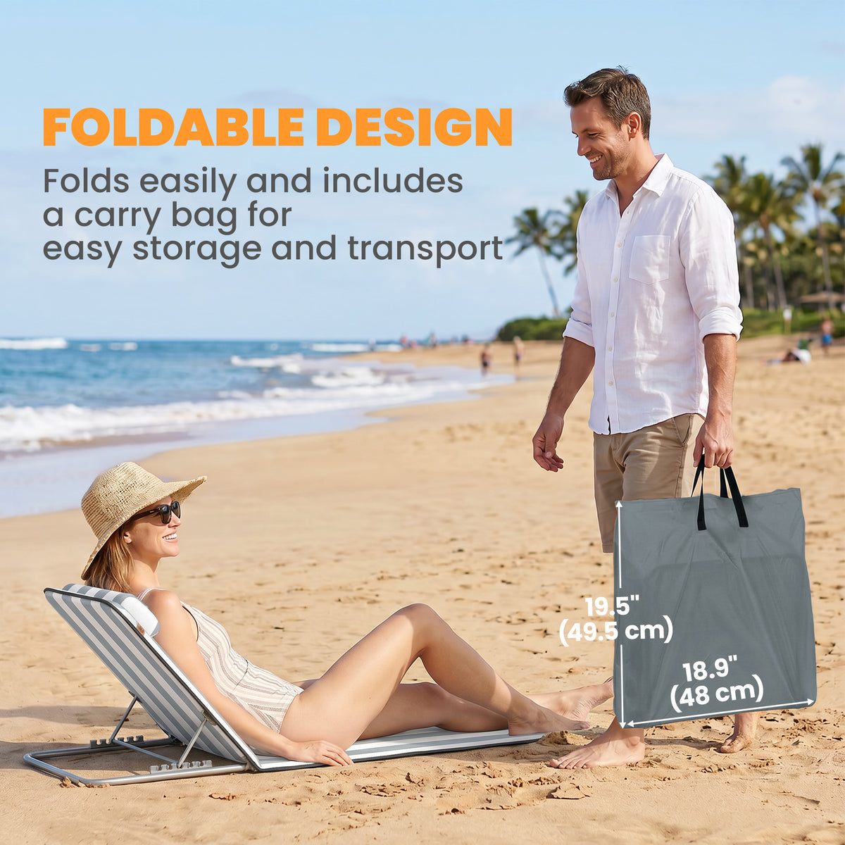 2 Pieces Beach Lounge Chair, Outdoor Folding Chaise Lounge Set w/ Pillow for Sunbath, Snap, Beige – view 20