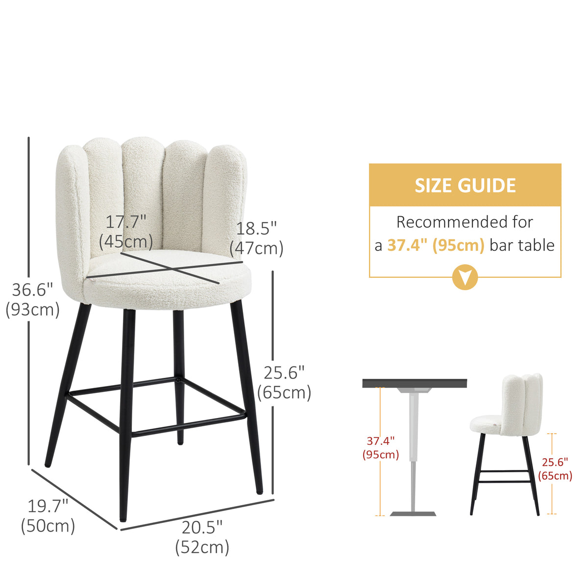 Faux Cashmere Bar Stools Set of 2 Counter Height Bar Stools with Back for Home Kitchen, 20.5"x19.7"x36.6", Cream