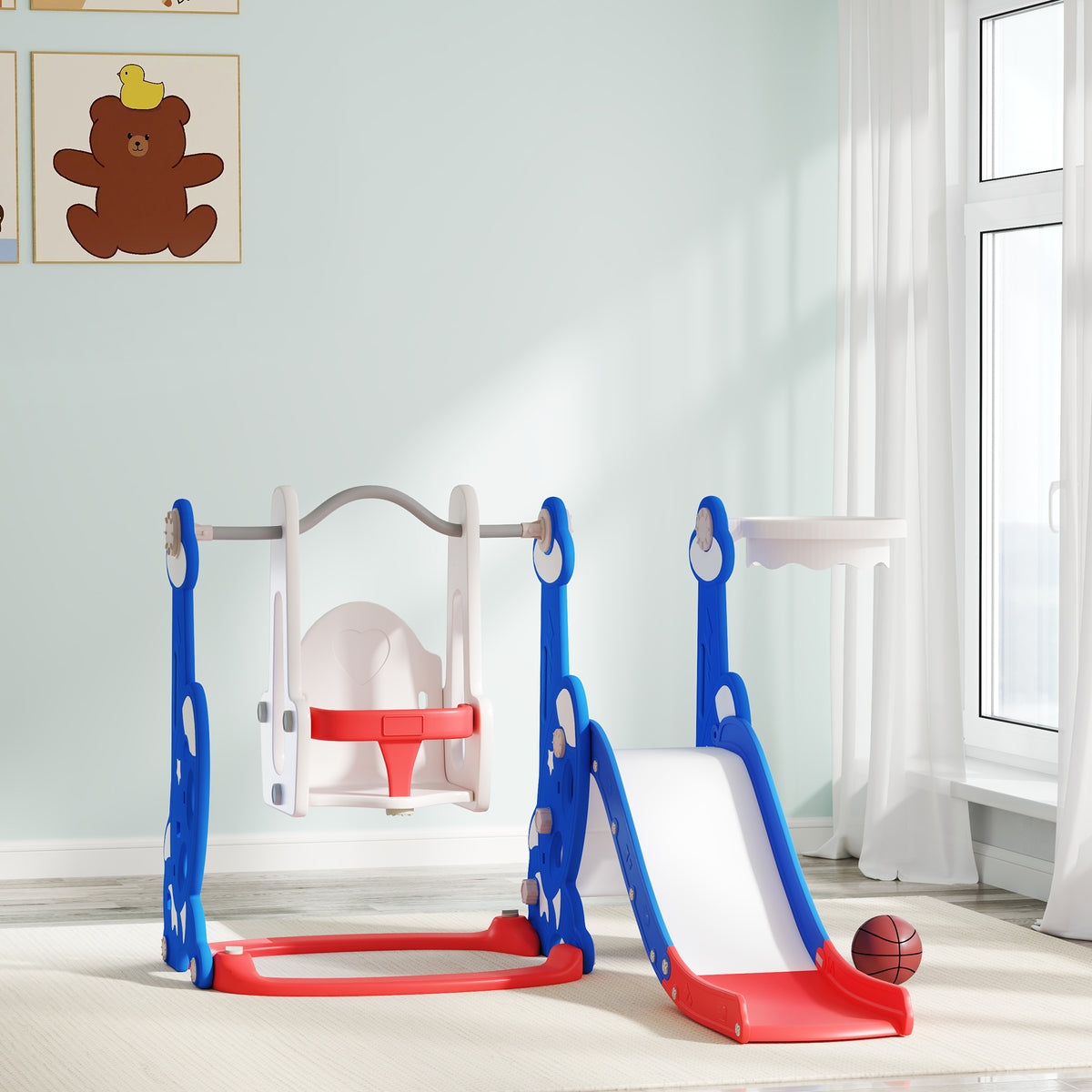 Qaba 4-in-1 Slide and Swing Set with Basketball Hoop, Climber, for Ages 1.5-4 Boys Girls Toddler, Rocket Themed, Dark Blue