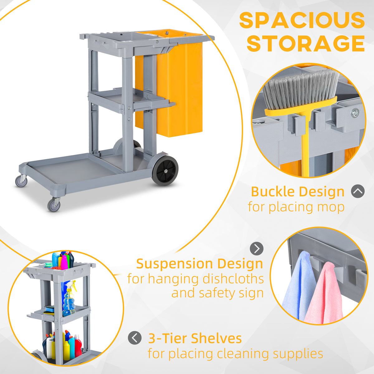 Janitorial Cart with 3 Shelves, Cleaning Cart on Wheels with Rubbish Bag and Mop Holders for Hotel – view 3