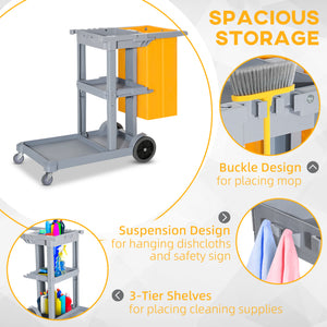 Janitorial Cart with 3 Shelves, Cleaning Cart on Wheels with Rubbish Bag and Mop Holders for Hotel – view 3