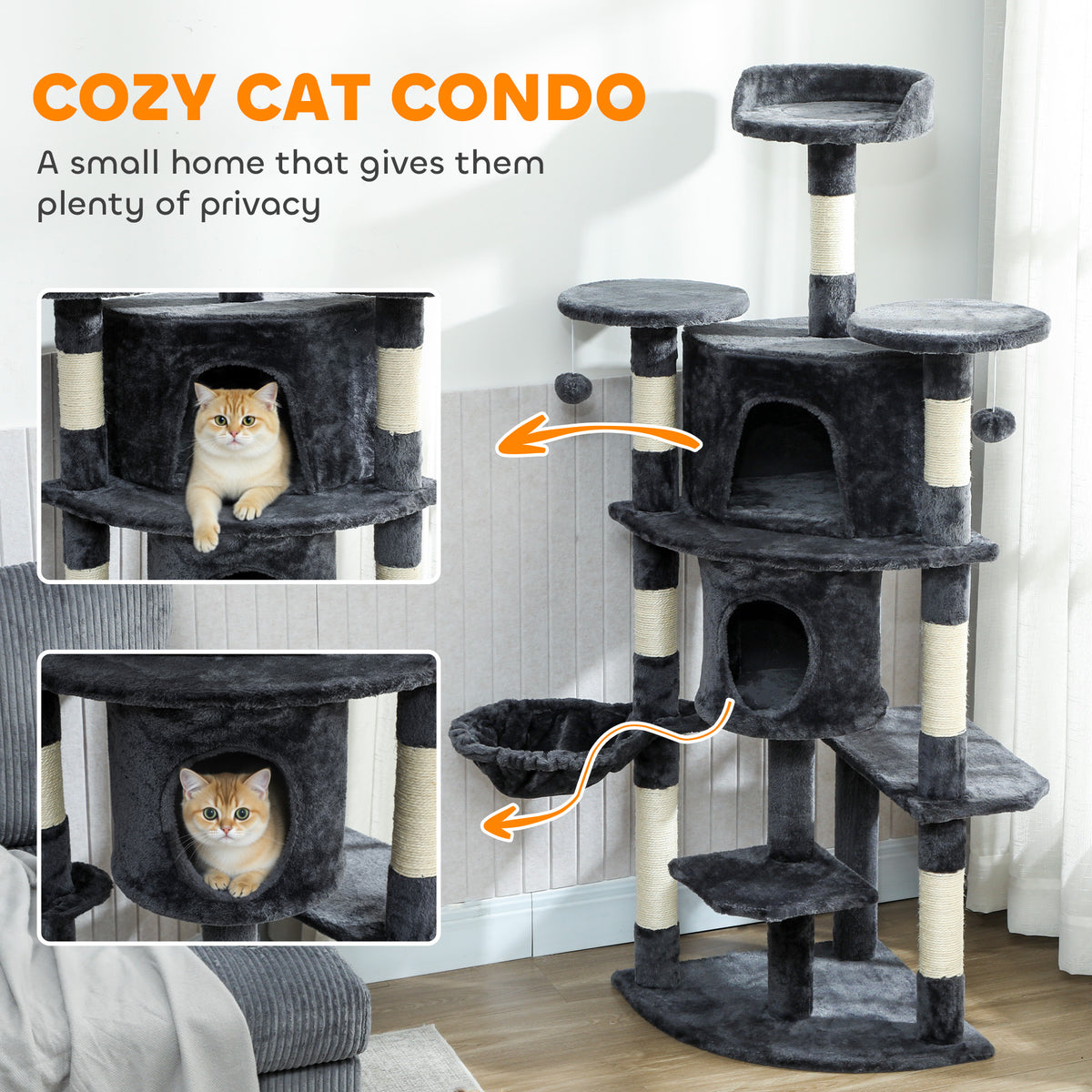 62" Cat Tree with Scratching Post, 2 Condos, Hammock, Perches, Plush, Pompoms, for Indoor Cats, Beige – view 11