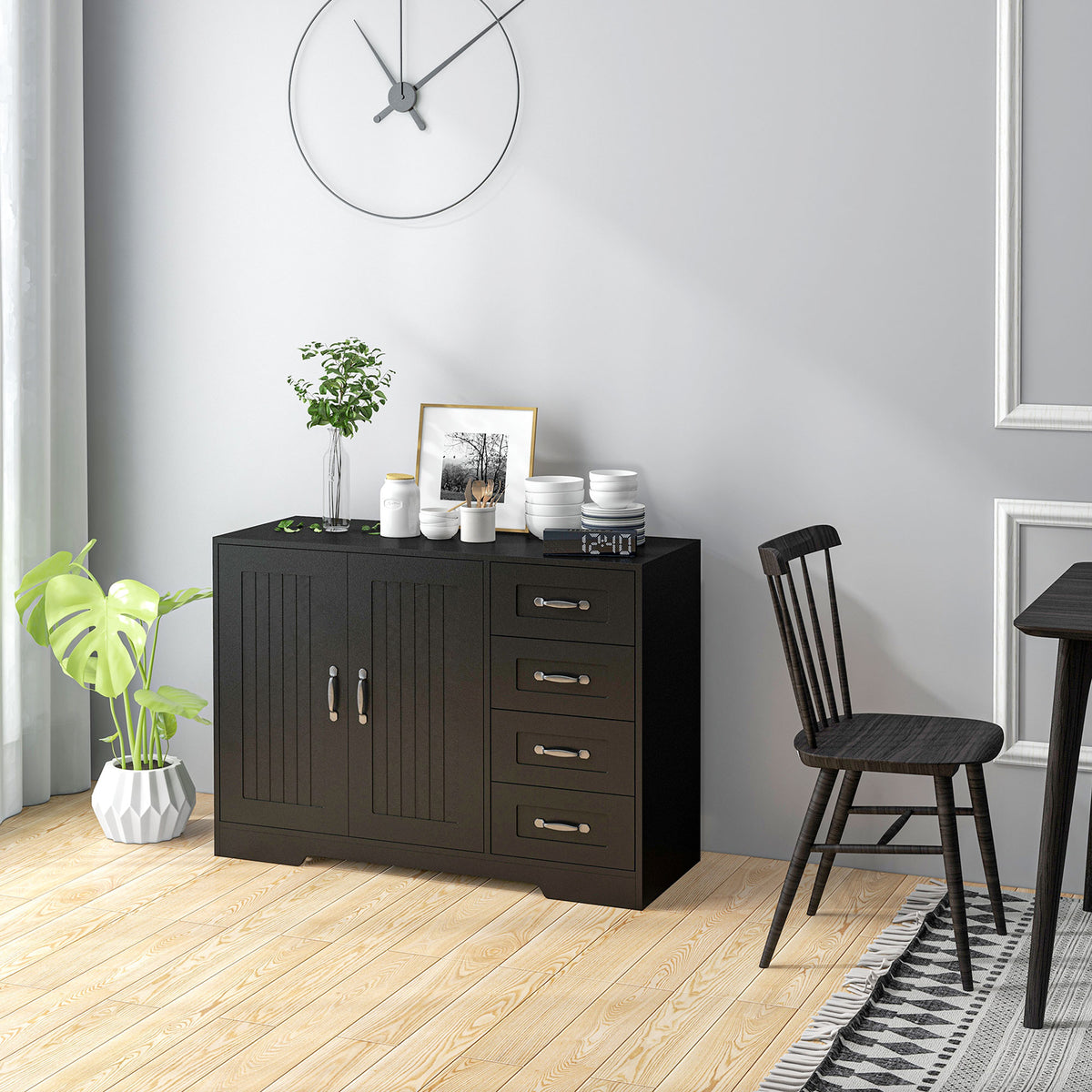 Modern Sideboard Buffet Cabinet with Drawers and Beadboard Door Cupboard Kitchen Storage Cabinet White – view 13