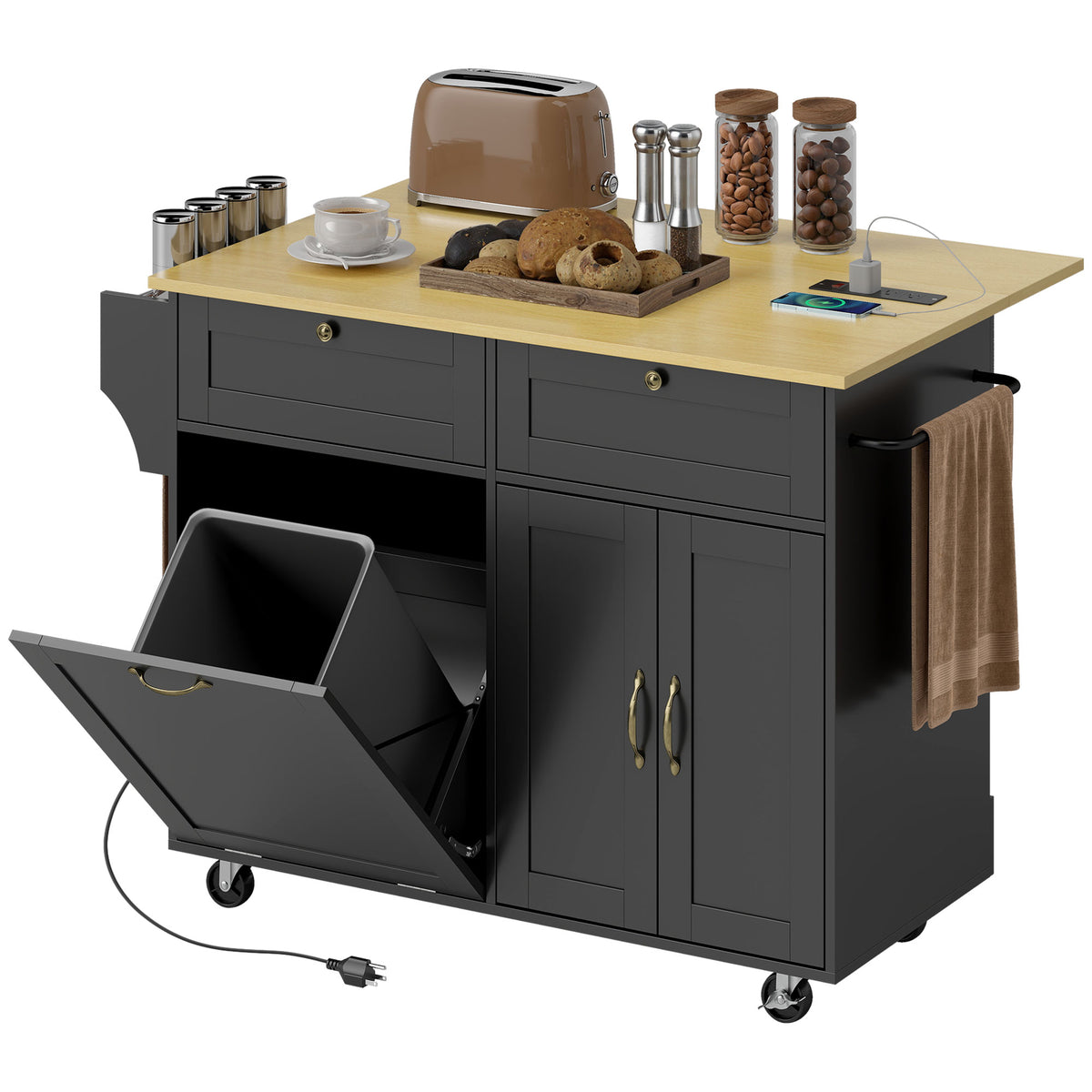 Kitchen Island Cart with Charging Station and Drop Leaf