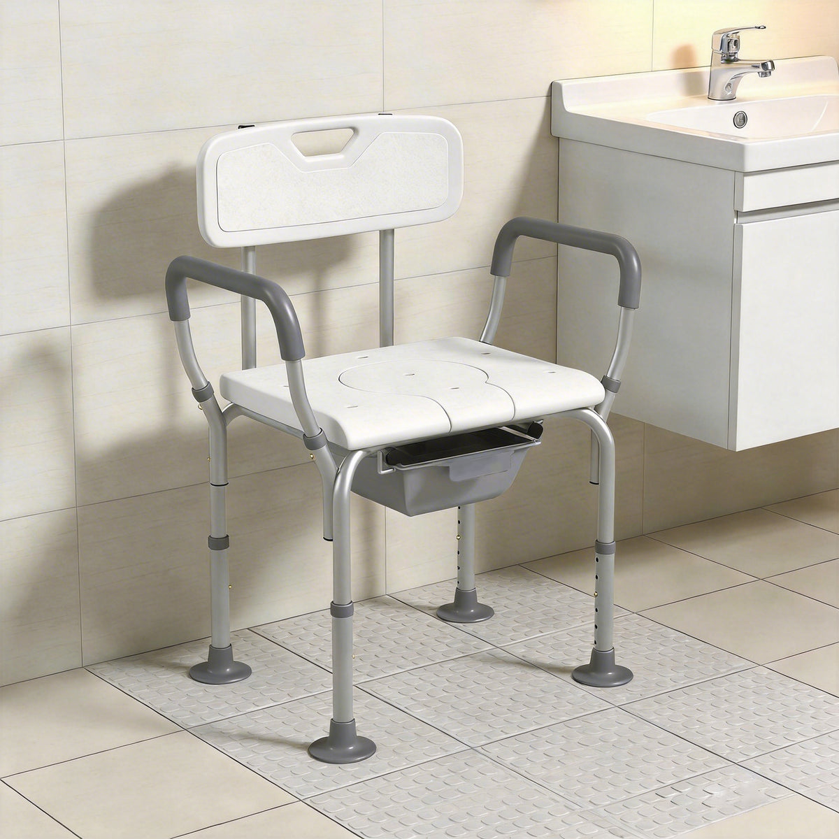 3-in-1 Shower Chair with Back, Adjustable Bedside Commode, Raised Toilet Seat w/ Rubber Foot Pad for Seniors, Disabled