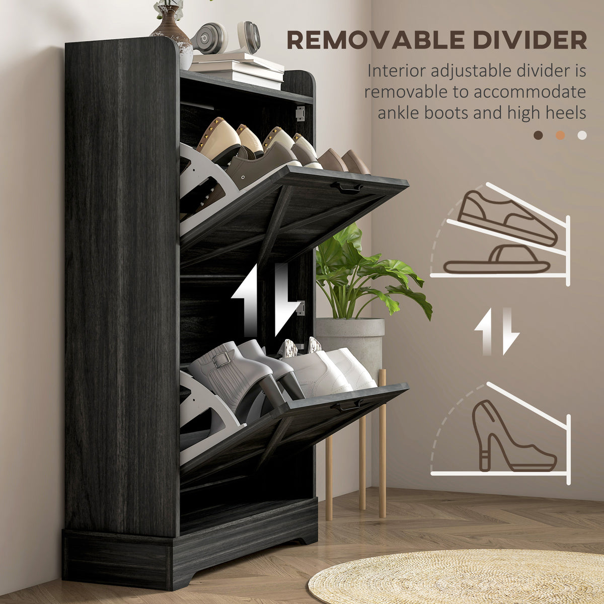 Slim Shoe Storage Cabinet, Farmhouse Shoe Cabinet with 2 Flip Drawers, Adjustable Shelves for 8 Pairs, Distressed Grey