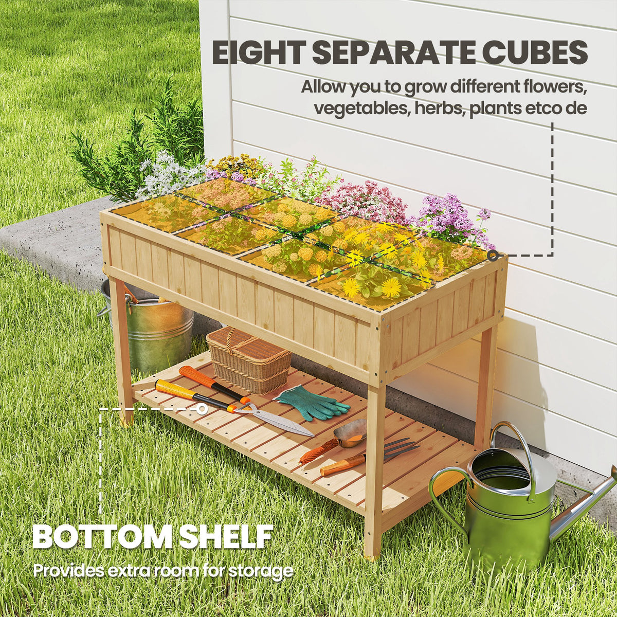 43.25" x 18" x 30" Raised Garden Bed, Wooden Plant Stand with 8 Grid Box, Storage Shelf for Outdoor, Natural Wood Colour