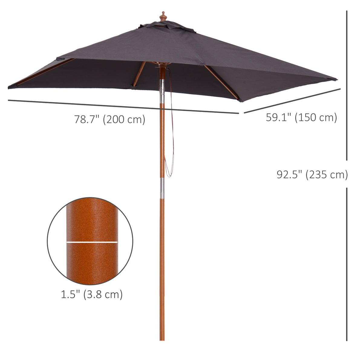 6.6x5ft Square Market Parasol, Wooden Patio Umbrella with Tilt Mechanism and 6 Bamboo Ribs – view 2