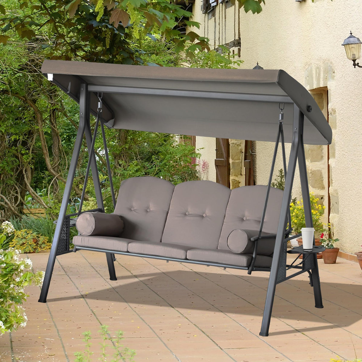 3 Seater Porch Swing Heavy Duty Outdoor Swing Chair Outdoor Lounge Hammock Cushioned Seat W/ Tilt Canopy – view 9