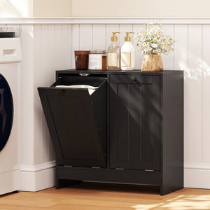 Tilt-Out Laundry Storage Cabinet, Modern Laundry Hamper with 2 Compartments for Bathroom Washroom, Black – view 7
